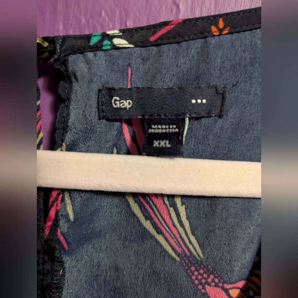 💜 Gap Navy Leafy Bird Print Elastic Waist Cinched Tank Sleeve Midi Dress XXL - Picture 2 of 3